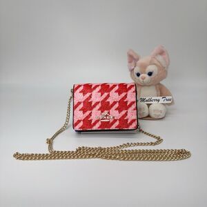 Coach Mini Card Lipstick Wallet On Chain With Houndstooth Print CJ679 Pink Red